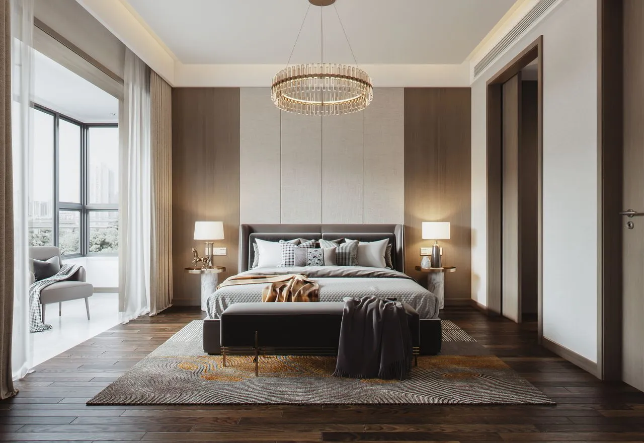 Modern hotel guest room with a comfortable bed